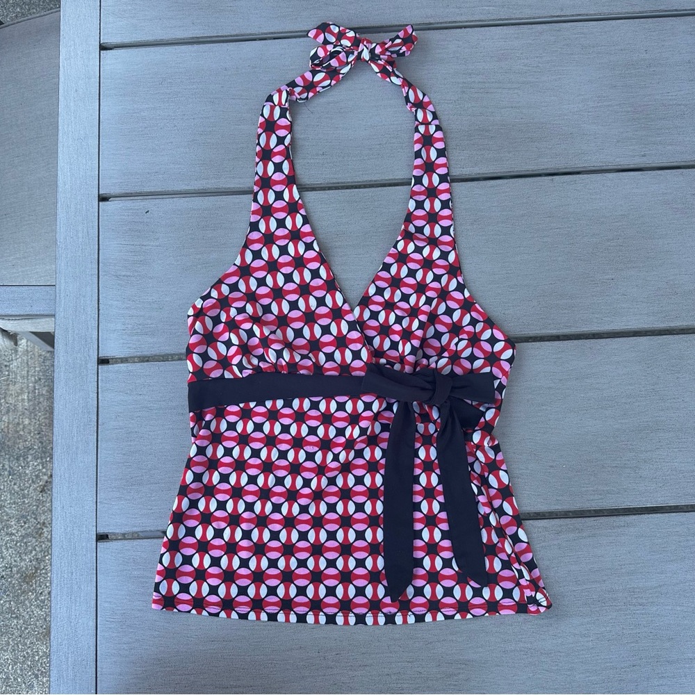 Vintage Y2K Studio Y Halter Tie Waist Bow Red Print Plunge Top M USA